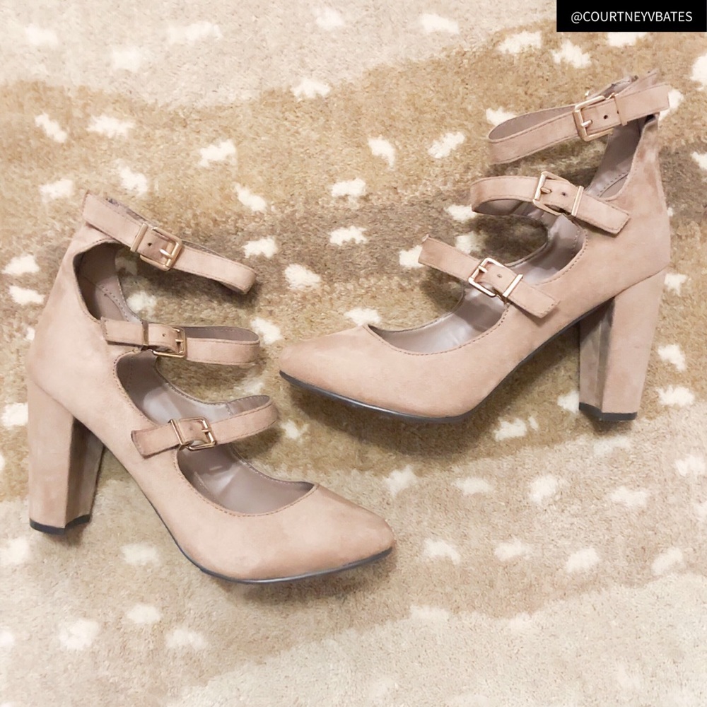Tan Suede Triple Buckle Pumps